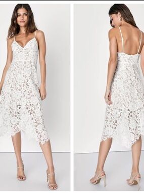 Lulu's EUC White Lace Spaghetti-Strap Midi Dress